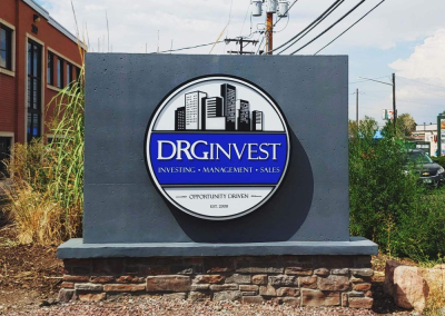 DRG invest monument sign Halo and facelit medallion Denver Co
