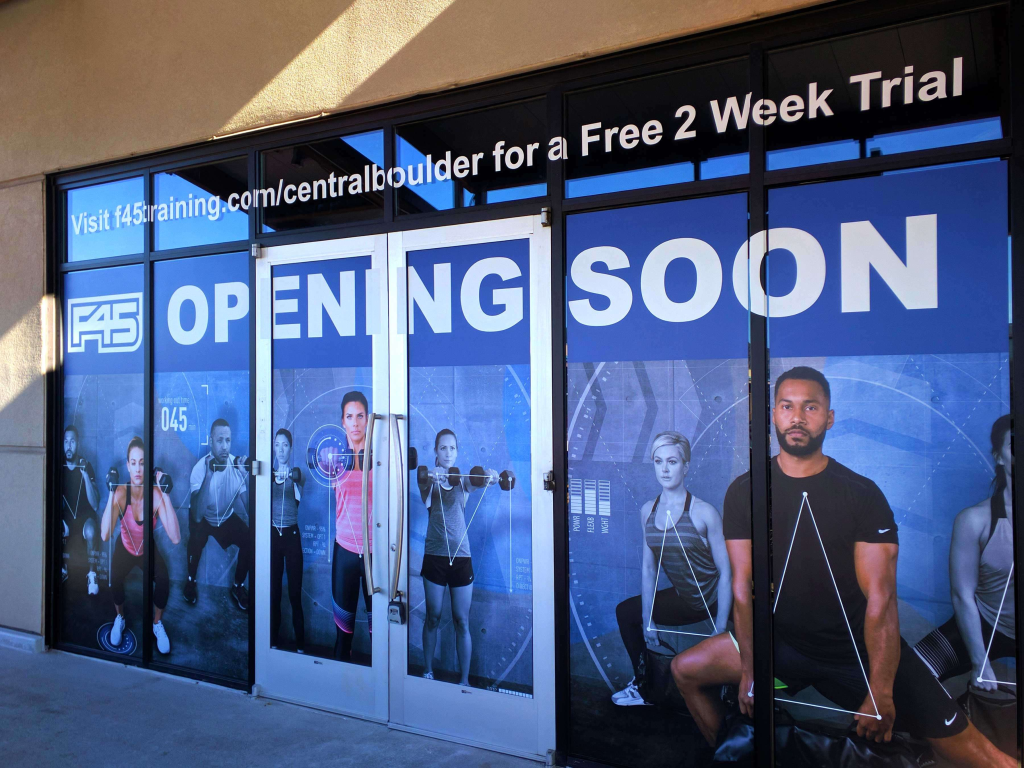 F45 tempaorary construction window graphics storefront Boulder CO