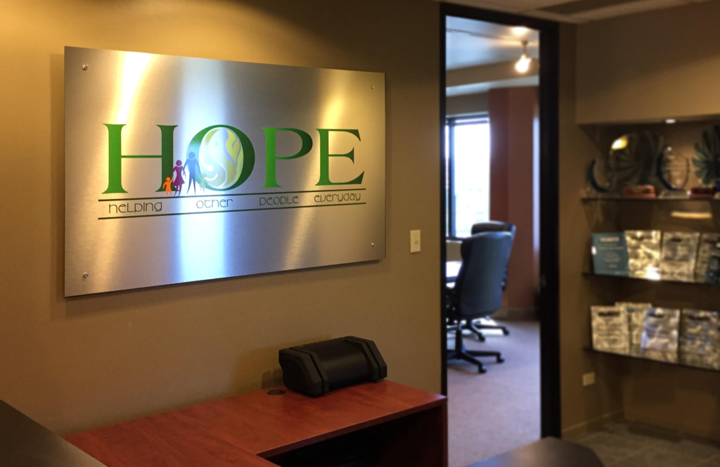 Hope Insurance brushed aluminum interior decor sign Centennial CO