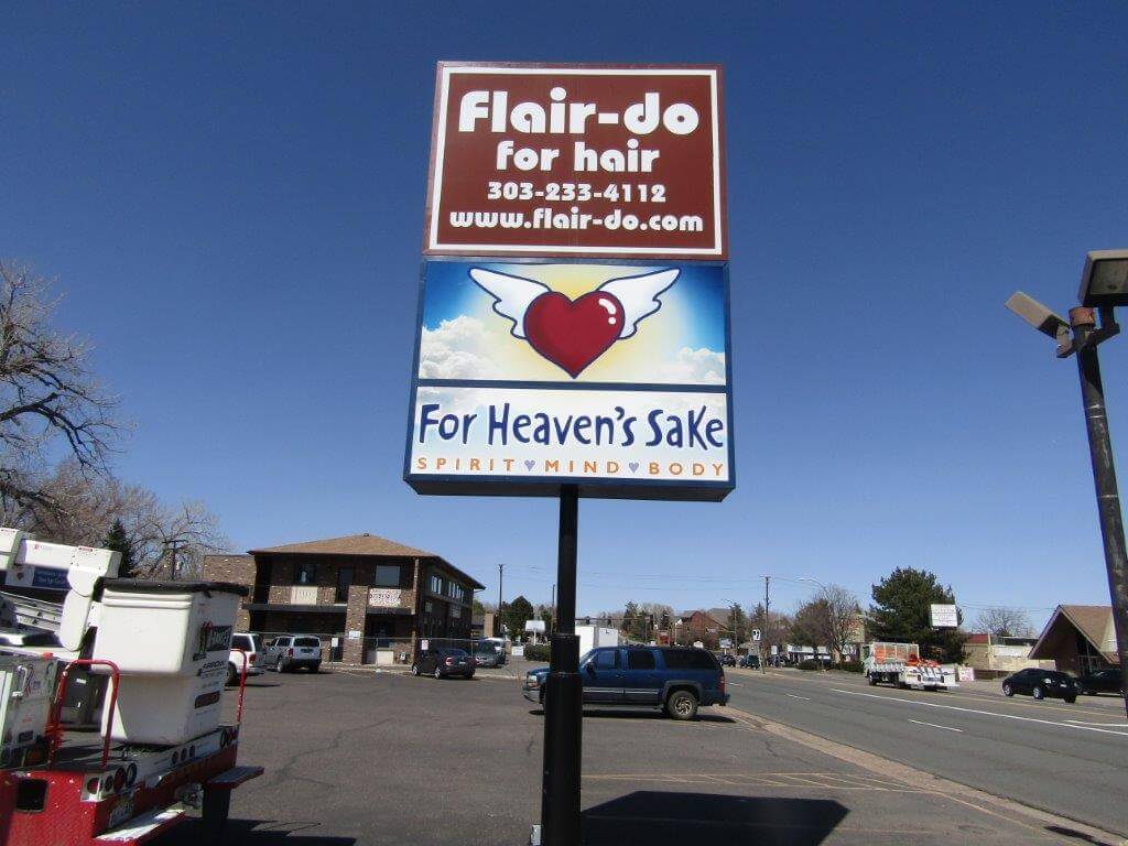 Pole sign fabricated and installed for For Heavens Sake in Lakewood, Colorado